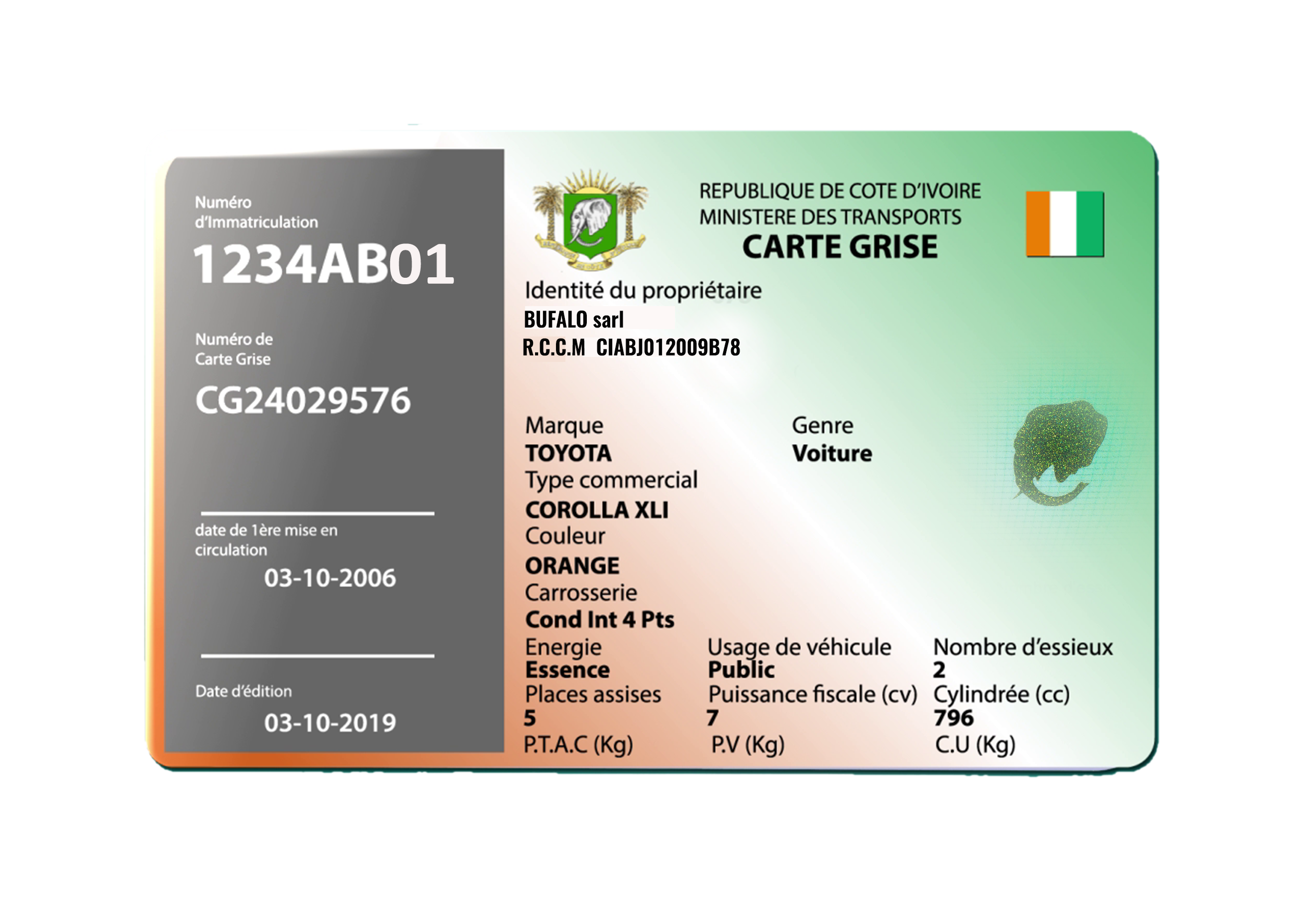 Carte grise ivoirienne (Entreprise)